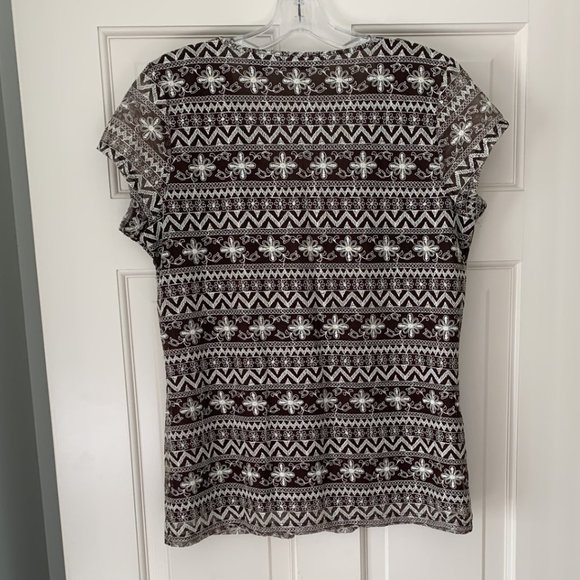 2/$25 Liz Claiborne Brown/Ivory Sheer Embroidered top - Size Small - Picture 3 of 7